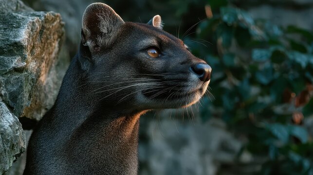 A fossa, endemic to Madagascar, looks right. Its brown eye focuses sharply, and sunset light illuminates its coat. It stands among rocks and foliage