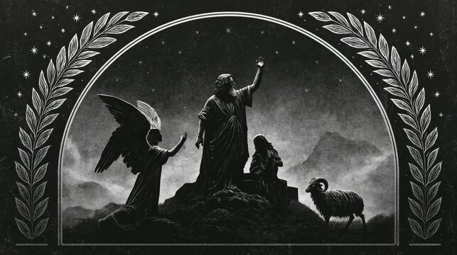 Dramatic monochrome depiction of Abraham prepared to sacrifice Isaac on Mount Moriah as the angel of the Lord intervenes and a ram appears as a divinely provided substitute