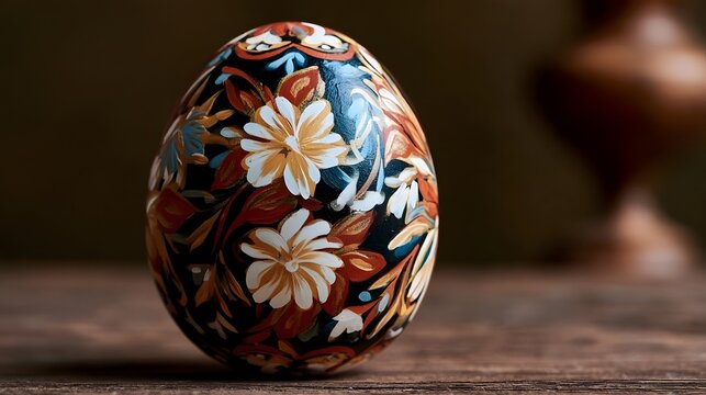 A beautifully decorated egg with intricate floral patterns in warm colors  resting on a wooden surface with soft background blur