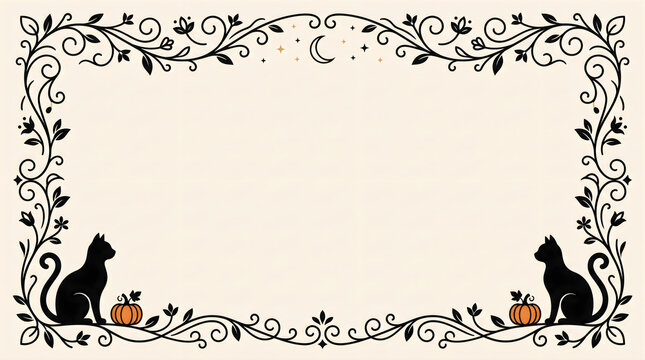 Elegant halloween border frame with black cats and orange pumpkins on cream background.