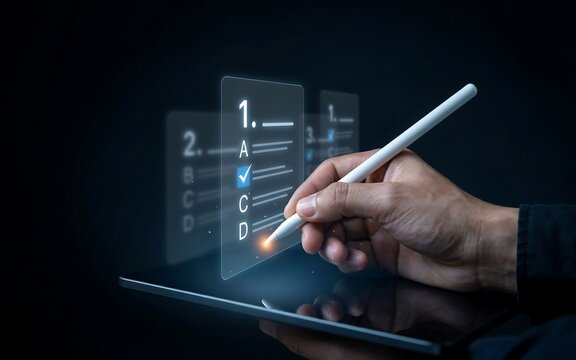 Hand using digital tablet with stylus pen and interactive multiple choice questionnaire interface