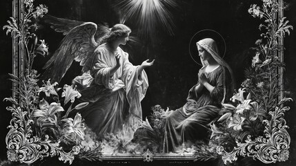 Fototapeta premium Annunciation: the Archangel Gabriel appears to the Virgin Mary under a radiant heavenly light, surrounded by lilies and ornate floral framing in monochrome engraving.
