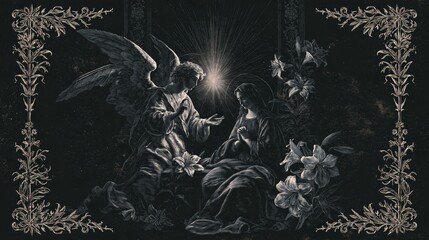 Fototapeta premium Annunciation scene of the Angel Gabriel visiting the Virgin Mary under a radiant celestial light, surrounded by symbolic lilies and ornate decorative borders in an engraving style