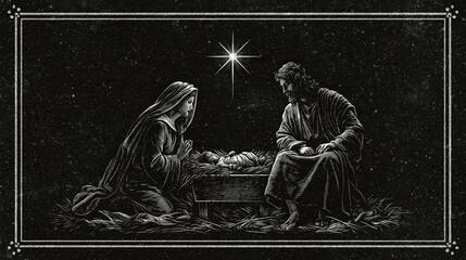 Fototapeta premium Nativity scene depicting the birth of Jesus in Bethlehem, showing Mary and Joseph watching the infant in a manger beneath the guiding star, a biblical portrayal of Christ's nativity.