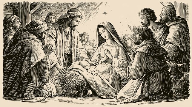 Detailed illustration of the Nativity: baby Jesus lying in a manger with Mary and Joseph surrounded by adoring shepherds and visitors beneath the guiding star in a humble stable
