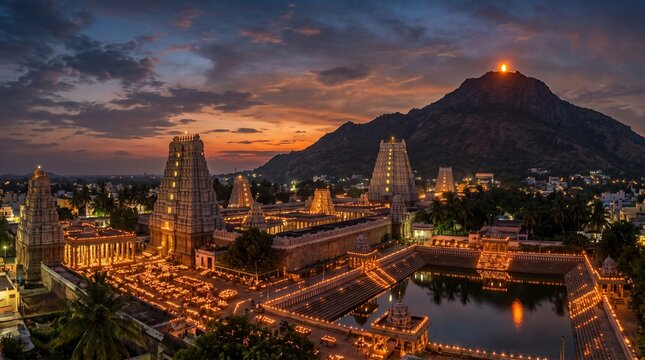 Karthigai Deepam temple landscape with sacred beacon flame over Arunachala hill