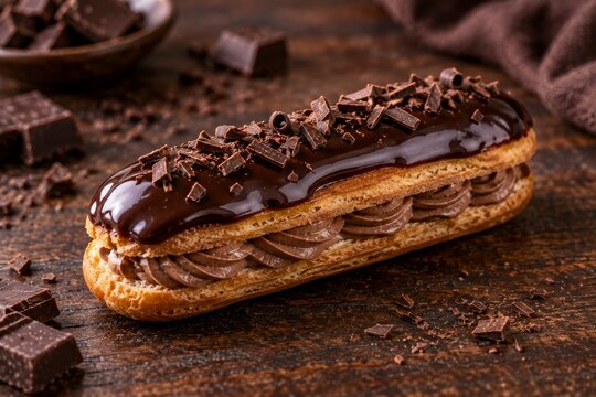Delicious Chocolate Eclair With Dark Chocolate Glaze and Shavings on Wooden Table