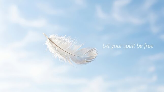 A single white feather floats gently in a bright blue sky with soft clouds