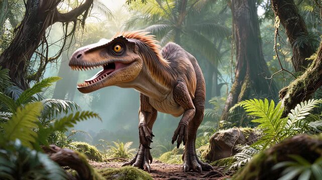 Feathered raptor dinosaur walking through prehistoric jungle. Tracking shot of predatory creature in tropical forest environment.