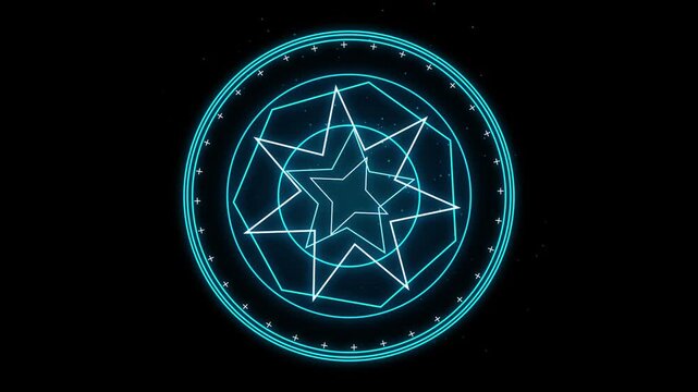 Complex arcane magic circle glowing cyan with rotating geometric star pentagram