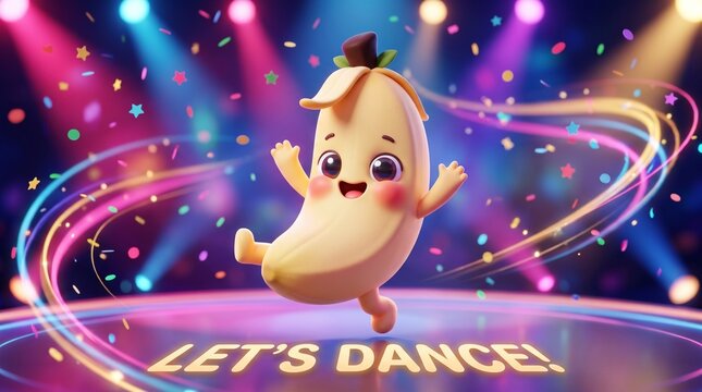 A cute 3d banana character dancing on a stage with colorful spotlights, confetti, and neon light trails, with the text let's dance, vibrant scene