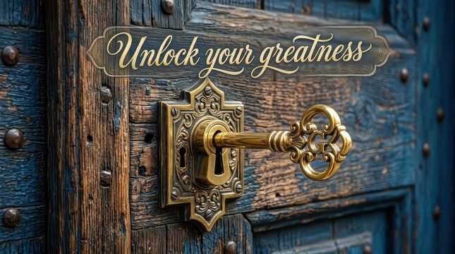 Antique wooden door with ornate golden key in lock, text 'Unlock your greatness'