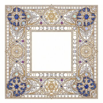 Ornate vintage jewelry frame with sapphires and diamonds, opulent gold filigree decorative square border background, luxury celestial gem design element for wedding invitations and photo framing