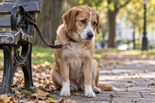 Dog Sitting on a Leash Next to a Park Bench Surrounded by Autumn Leaves