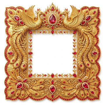 Ornate golden picture frame featuring carved phoenix birds and sparkling ruby gemstones, opulent vintage gold borders for luxury photo displays, regal metallic framework with decorative jewels