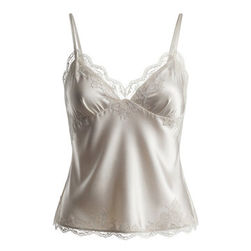 Lustrous off-white silk camisole featuring delicate lace edging cut out on transparent background
