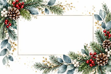 Fototapeta premium Winter Themed Design With Pine Branches, Cones, and Red Berries