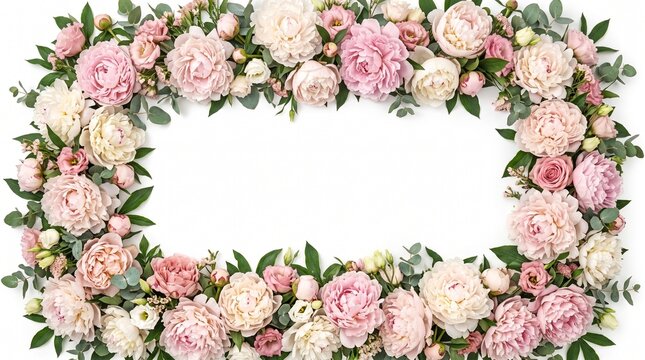 Pink peony flower frame border arrangement on white background, elegant botanical floral wreath header for wedding invitations, romantic blossom flat lay layout with copy space for greeting card