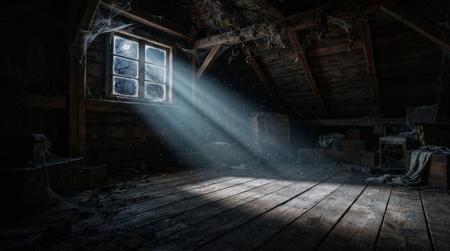 Dusty wooden attic with a moonbeam shining through a small window onto dusty floorboards, cobwebs, and old trunks