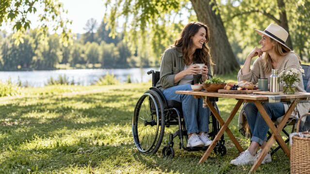 Two Women Share Food and Drinks by the Water on a Sunny Day in a Park