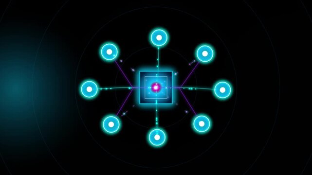 Digital flowchart mind map connecting glowing network nodes to central cybersecurity server icon