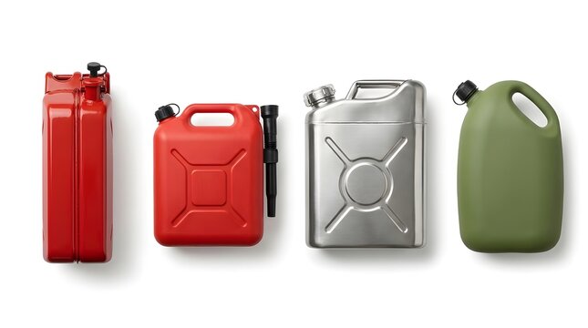 Industrial fuel canister set including red steel jerry can plastic container metallic gas tank and military green storage jug