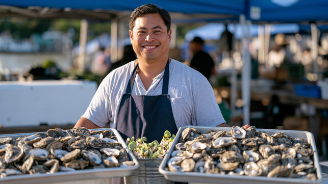 An oyster farmer at a vivid coastal market displays two trays side by side showing before and after pearl harvest, fresh sprouts growing from a bucket between them, growth and new