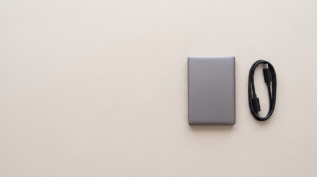 Portable external hard drive and USB cable on beige background with copy space
