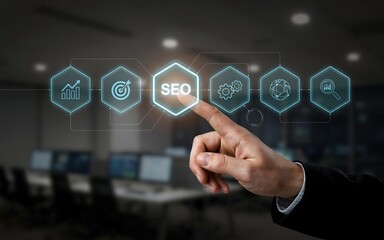 Obraz premium Businessman touching a glowing digital interface with search engine optimization icons in an office