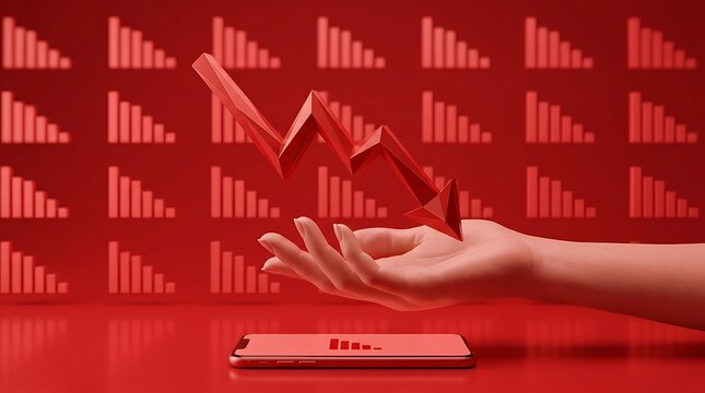 3D Red Financial Arrow Pointing Down Over a Hand and Smartphone Representing Stock Market Crash, Economic Crisis, and Investment Loss Concept on a Dark Red Background with Chart Patterns