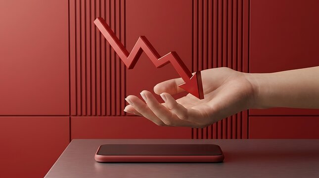 Business Financial Crisis and Stock Market Crash Concept Represented by a Red Downward Arrow Graphic Over a Smartphone Held by a Human Hand Against a Red Background with Textured Wall Design