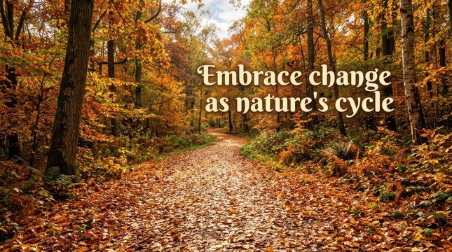 Autumn forest path covered in fallen leaves, vibrant fall colors, inspirational quote about change