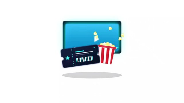 An animation featuring a movie ticket and a popcorn bucket floating in front of a digital screen, symbolizing home or cinema entertainment.