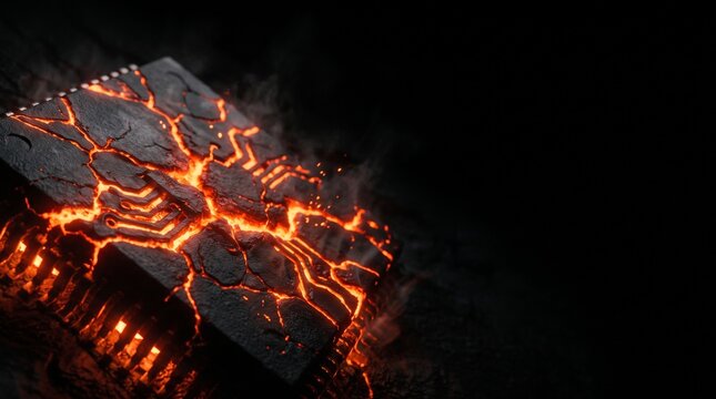 Glowing cracked computer chip with orange lava-like energy