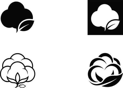Organic raw cotton plant fiber icons pack in solid black silhouette and minimal linear style on white background