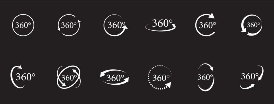 360 degrees vector icon set. Round signs with arrows rotation to 360 degrees. Rotate symbol isolated on transparent background. Vector illustration.