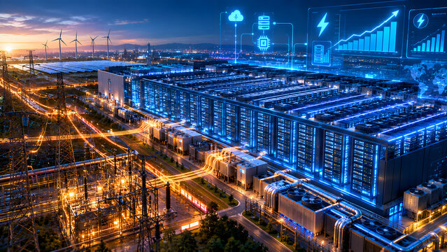 Large futuristic data center consuming substantial electrical power, with server infrastructure connected to an intensive energy grid, visualizing data center energy consumption, rising computing dema