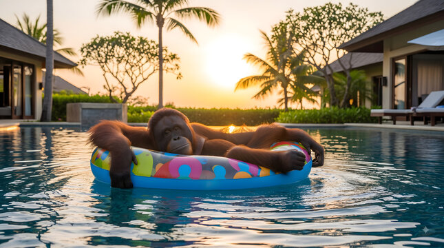 Orangutan Relaxing on a Colorful Inflatable Pool Ring at Sunset in a Tropical Resort Pool