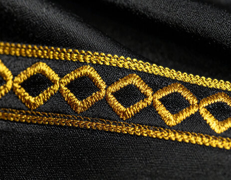Macro Detail of Gold Zari Thread Embroidery on Black Royal Bisht Border
