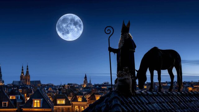 Sinterklaas with horse and sack of gifts standing on Dutch rooftops under a bright full moon overlooking a historic city at night