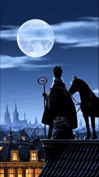 Sinterklaas with horse and sack of gifts standing on Dutch rooftops under a bright full moon overlooking a historic city at night