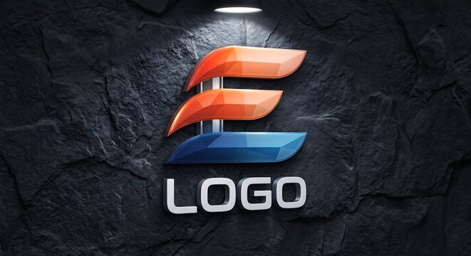 3D E Letter Logo Mockup on Dark Stone Wall with Spotlight Lighting