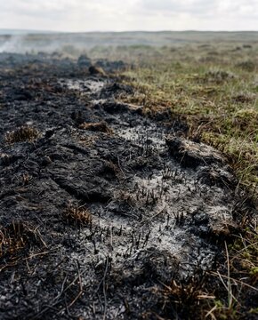 Aftermath of a wildfire on peatland soil showing burned peat charcoal and ash