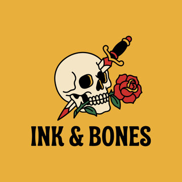 Traditional tattoo flash design with a skull pierced by a dagger and holding a red rose with typography for an edgy apparel logo
