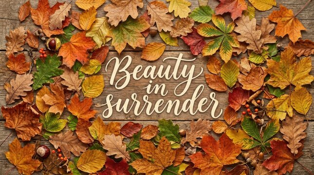 Autumn leaves frame inspirational quote 'Beauty in Surrender' on rustic wooden background