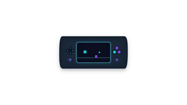 2D motion graphic transition of a dark gamepad morphing into a portable handheld console on a plain white background.