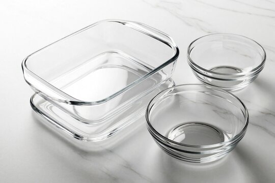 Transparent glass bakeware set includes large rectangular casserole dish, two round bowls. Clear oven safe containers sit on white marble tabletop. Empty kitchenware tools for cooking food