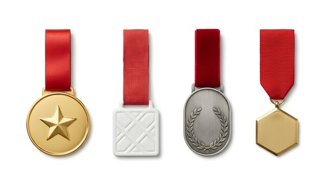 Collection of four medals with red ribbons, celebrating achievement and awards