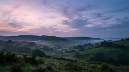 Fototapeta premium A serene sunrise landscape featuring rolling green hills and valley with misty fog in the English countryside