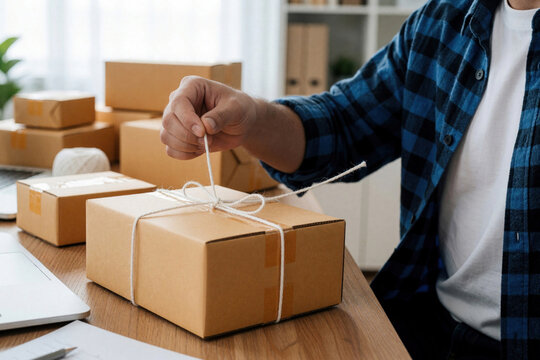 Young male entrepreneur ties string around cardboard box on wooden desk. Small business owner prepares package for shipping, delivery. Man works at home office with laptop to manage online store